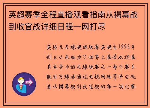 英超赛季全程直播观看指南从揭幕战到收官战详细日程一网打尽