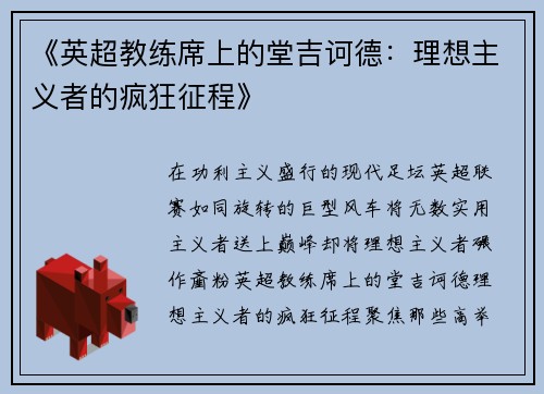 《英超教练席上的堂吉诃德：理想主义者的疯狂征程》