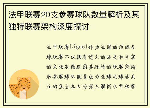 法甲联赛20支参赛球队数量解析及其独特联赛架构深度探讨